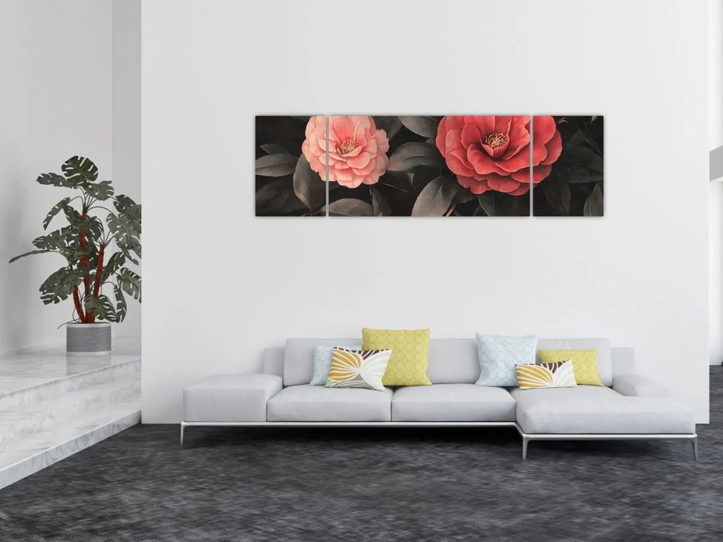 Obraz - Czerwone kwiaty na ciemnym tle (170x50 cm)
