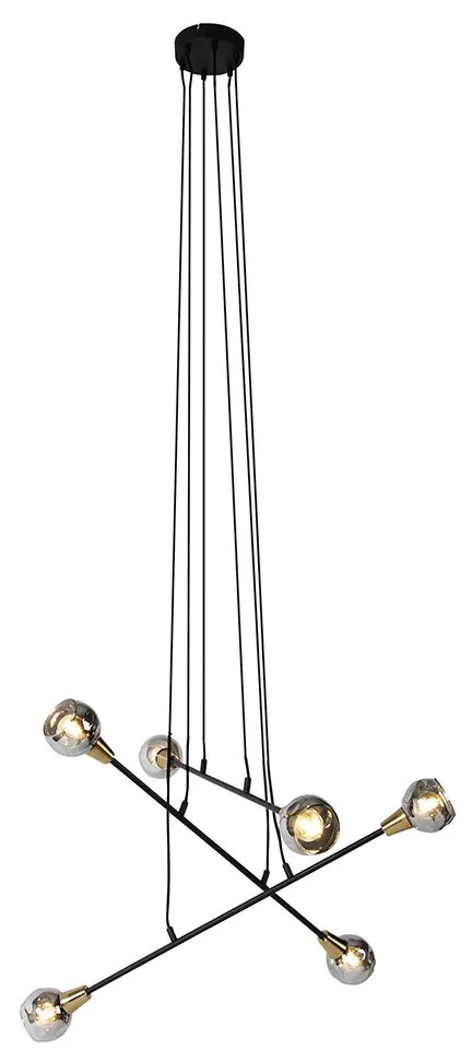 Lampa wisząca czarna z mosiądzem i przydymionym szkłem 6-świateł - Vidro