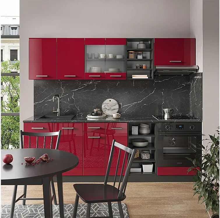 Zabudowa kuchenna czerwony wysoki połysk/antracyt 240x46x81.6 r-line