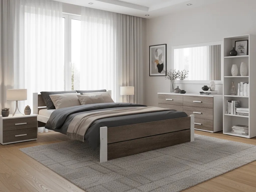 Łóżko IKAROS DOUBLE 160 x 200 cm, biały/dąb truflowy Stelaż: Ze stelażem listwowym rolowanym, Materac: Materac Deluxe 10 cm