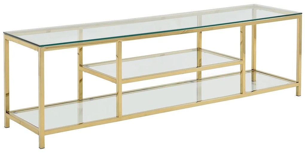 Szafka RTV z 2 półkami ze szkła hartowanego i stali nierdzewnej - Przezroczysty i Złoty - RIMALI marki Pascal Morabito