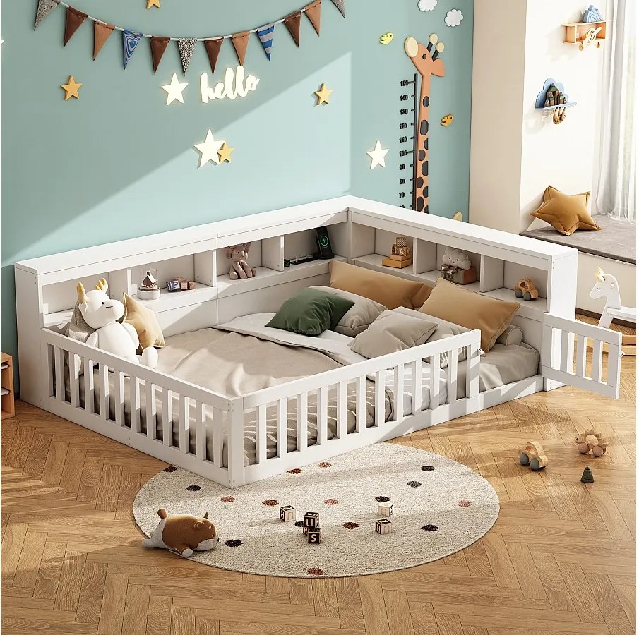 Łóżko dziecięce 2-osobowe - 140 x 190 cm - szafka nocna z miejscem do przechowywania + gniazdko + USB - z podstawą listwową - płyta wiórowa - białe