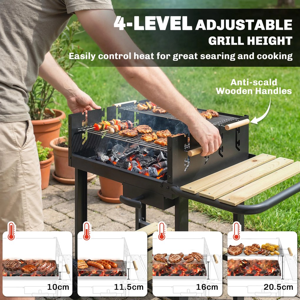 Outsunny Grill na węgiel drzewny z 4-stopniową regulacją wysokości rusztu, 2 drewniane półki, 2 kółka, tacka na popiół, 99,5 x 58 x 82 cm | Aosom PL