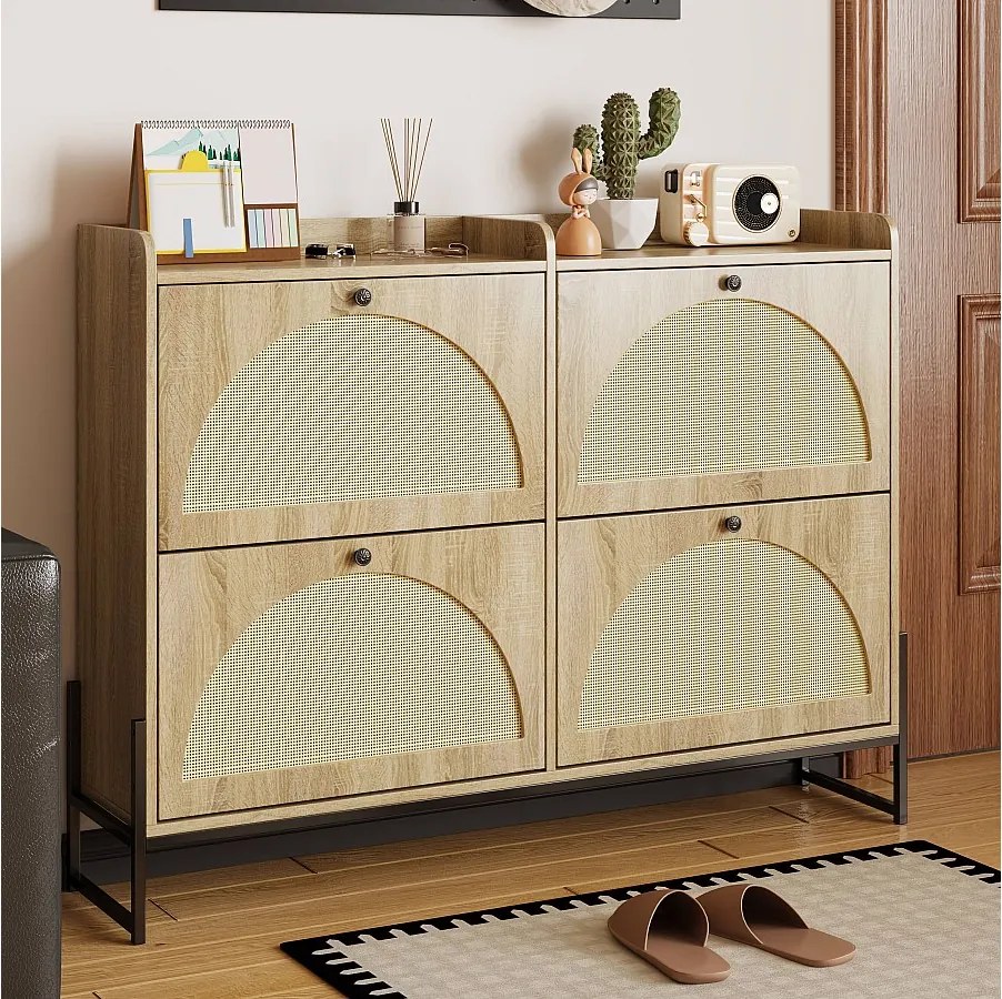 Szafka na buty z 4 klapami - 121 x 25 x 91,5 cm - regulowana półka na buty - płyta wiórowa - naturalna