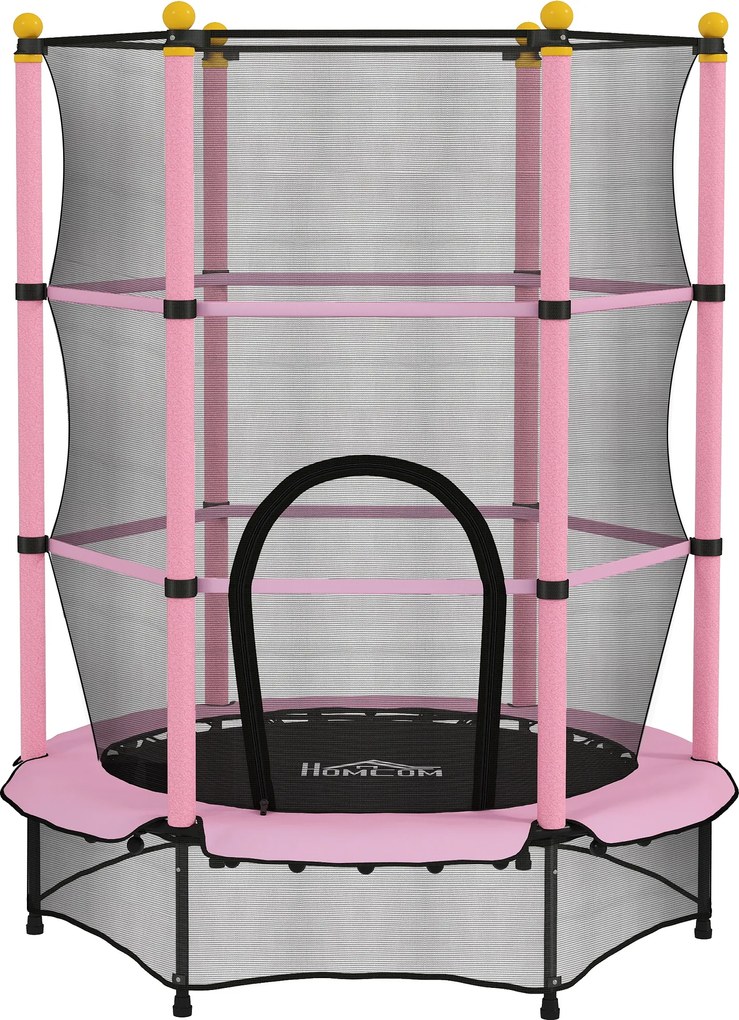 HOMCOM Trampolina dla Dzieci, Ø140 cm, z Siatką Bezpieczeństwa, do Użytku Wewnętrznego i Zewnętrznego, Stal, Tworzywo Sztuczne, Udźwig do 50 kg, Różowa