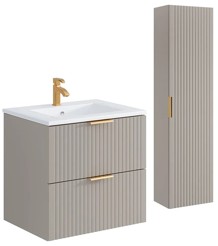 Szafka łazienkowa z prążkowaną fakturą, z wpuszczaną umywalką i słupkiem – kolor beżowy – 60 cm – ZEVARA