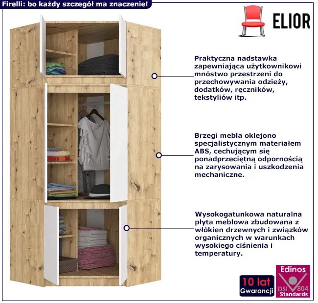 Skandynawska szafa narożna z nadstawką dąb artisan + biały - Firelli