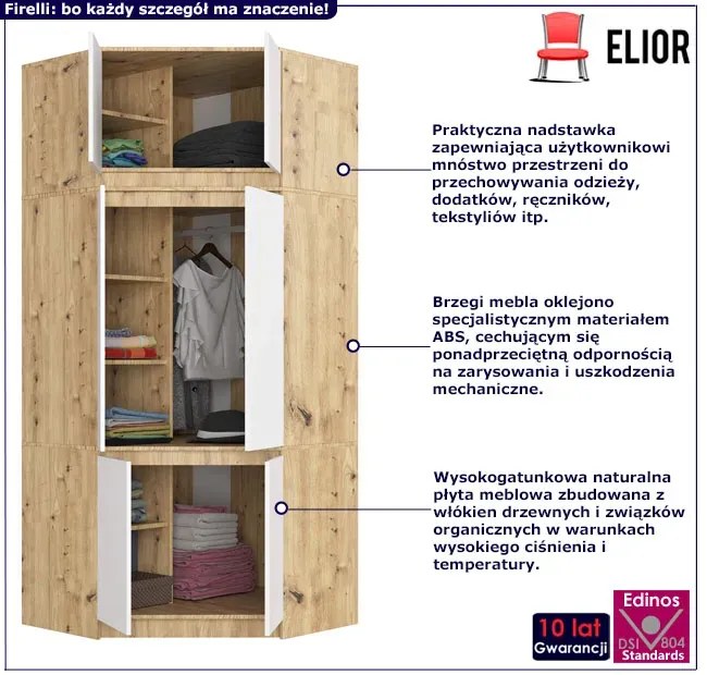 Skandynawska szafa narożna z nadstawką dąb artisan + biały P9-F65