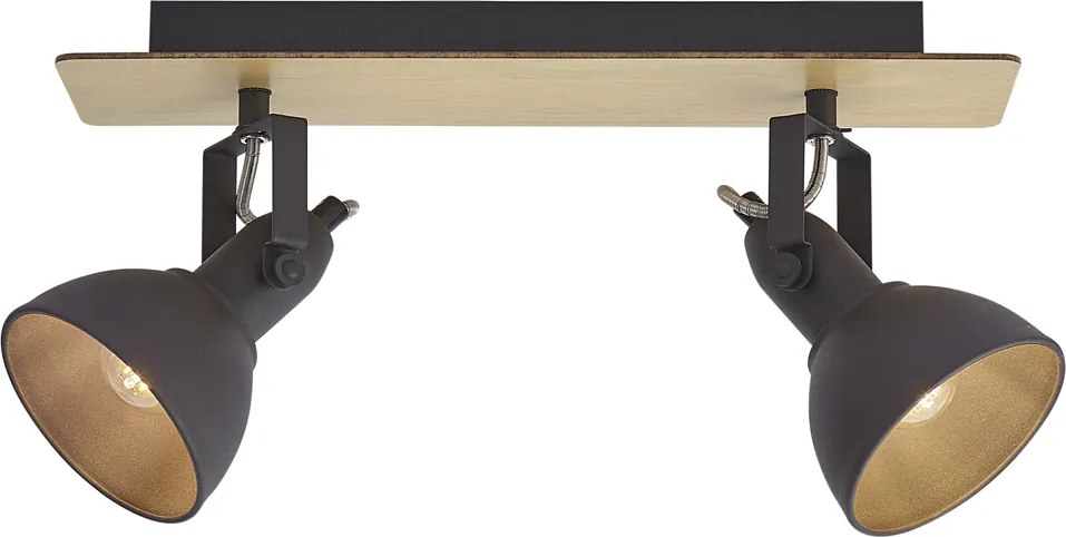 Czarny reflektor sufitowy z drewnem, 2-punktowy, obrotowy i przechylny - Jakub