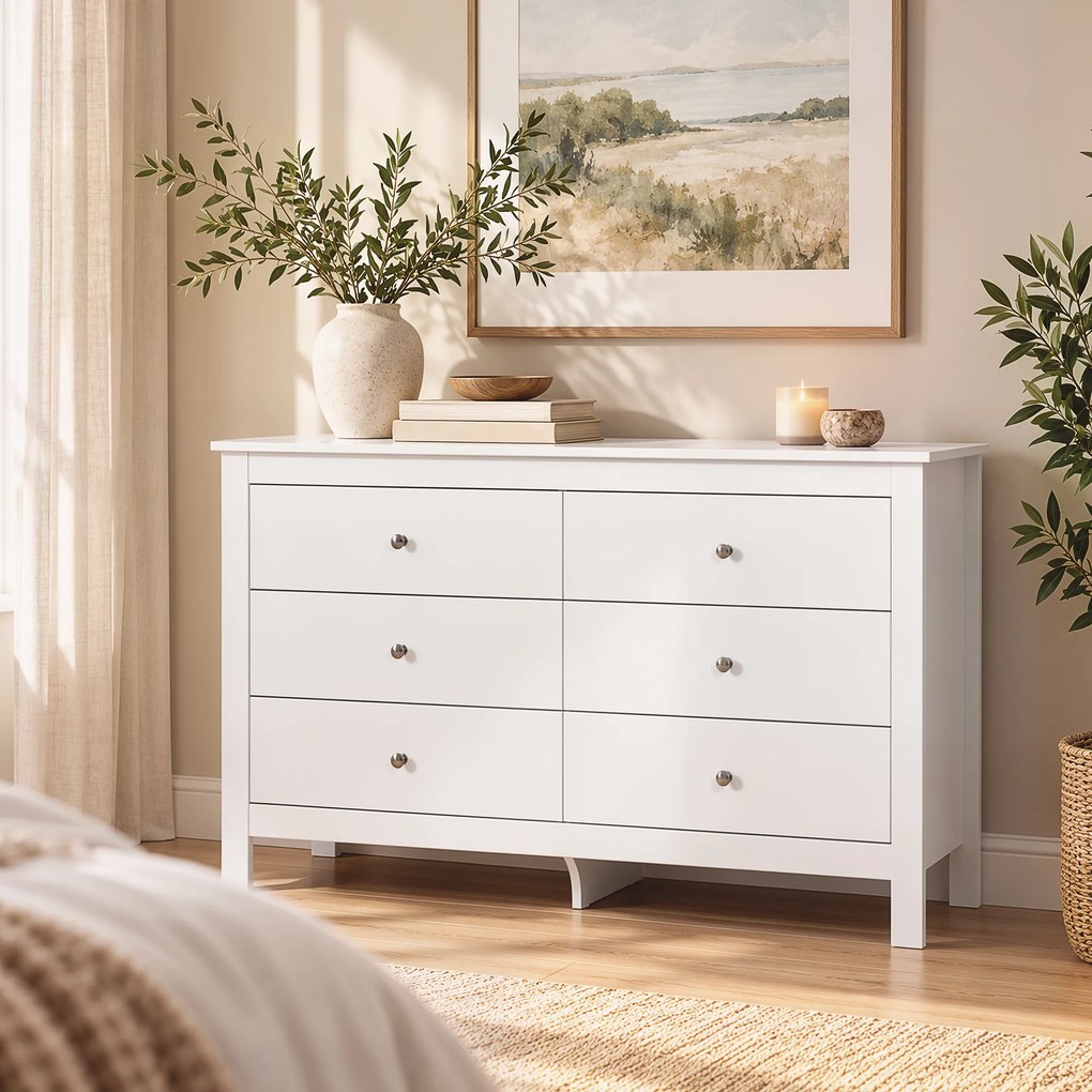 HOMCOM Komoda z 6 szufladami, sideboard z łatwojezdnymi prowadnicami do sypialni, salonu lub przedpokoju, 118 x 39,5 x 75,5 cm, biały | Aosom PL
