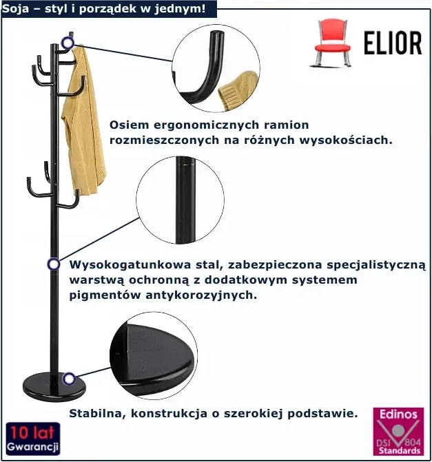 Czarny metalowy wieszak stojący z 8 haczykami - Zorin