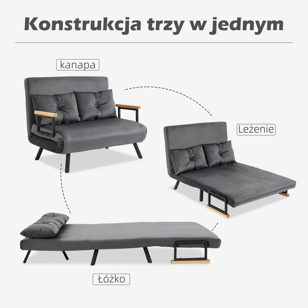 HOMCOM Sofa rozkładana 2 osobowa z Poduszkami Komfortowa i Funkcjonalna Maksymalne obciążenie 120kg 102x73x81cm Ciemnoszara | Aosom PL
