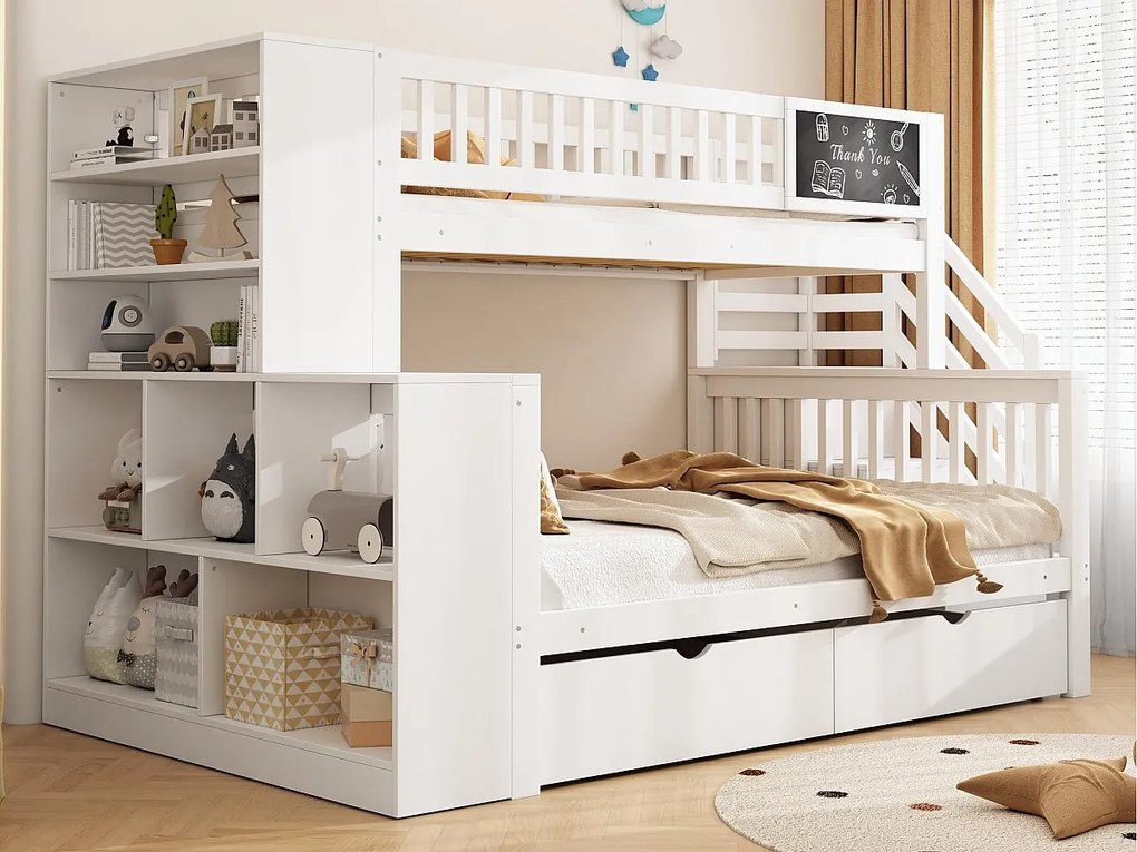 Łóżko piętrowe 90x200cm + 140x200cm z drewna - z 2 szufladami, biblioteczką i schodami do przechowywania - Białe