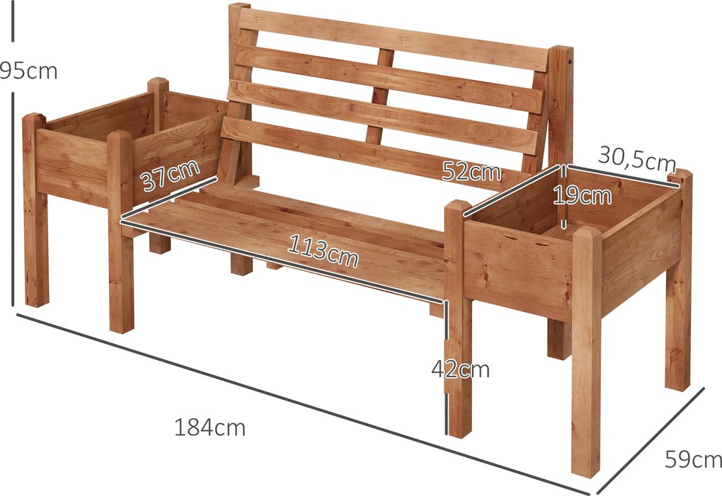 Outsunny ławka ogrodowa drewniana z donicami na kwiaty solidna ławka do ogrodu tarasu balkon 184 cm brązowa | Aosom PL