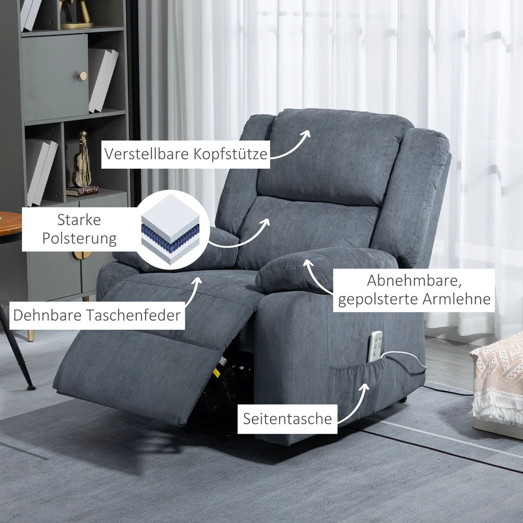 HOMCOM Fotel relaksacyjny z funkcją podnoszenia i pilotem welur szary 92x93x105 cm | Aosom PL