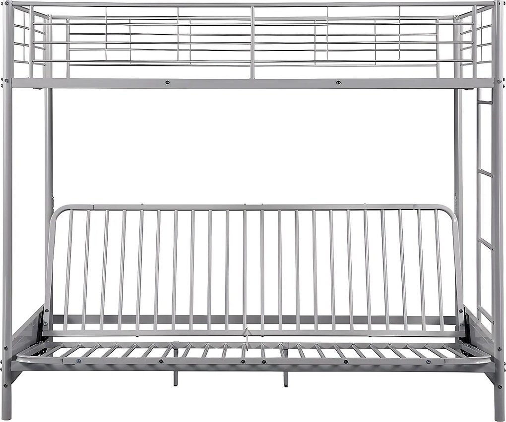 Łóżko na antresoli 90 x 190 cm - Z rozkładaną ławką - Metal - Srebrny + Czarny Futon - MODULO V