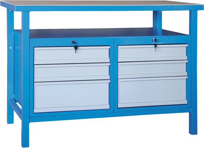 Stół warsztatowy GD, świerk + sklejka świerkowa obustronnie fornirowana, 6 szuflad, 1190 x 600 x 850 mm, szary