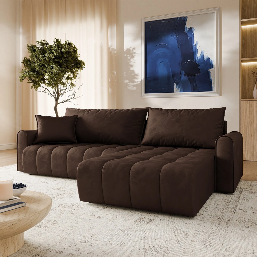 Masseno Narożnik FRIGA z funkcją spania i pojemnikiem na pościel Narozniki L, Rozkładana sofa - Brązowy, MONOLITH 29