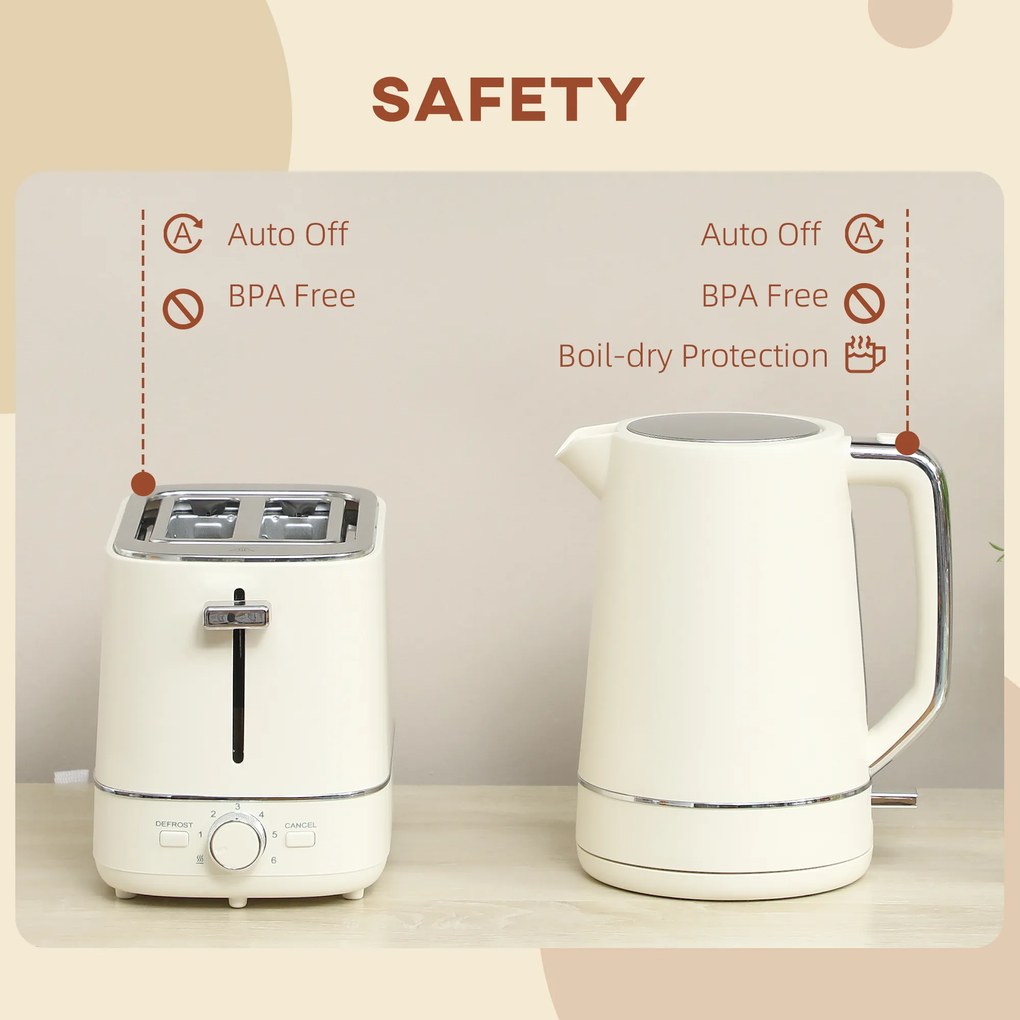 HOMCOM Zestaw czajnika 1,7 L i tostera z 6 poziomami brązowienia, Beżowy