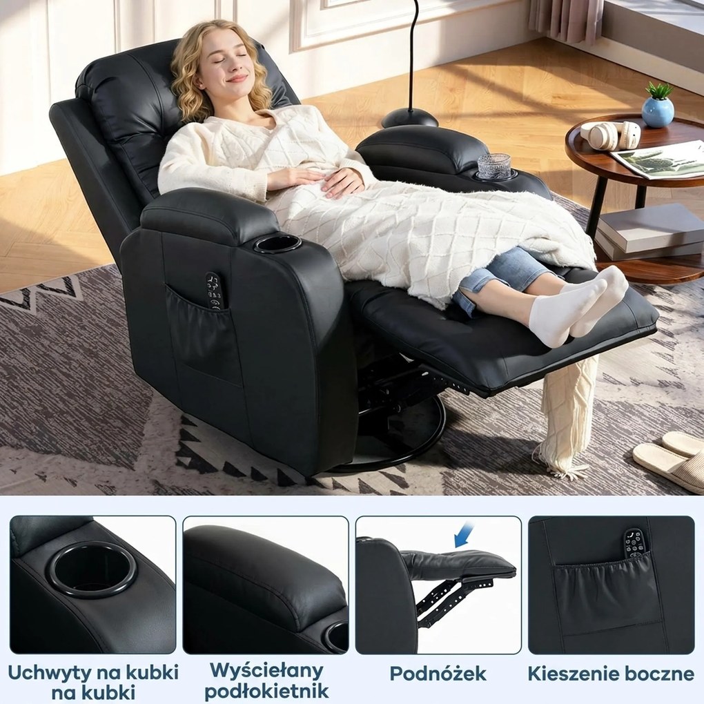 HOMCOM Fotel masujący z funkcją bujania, leżenia i ogrzewania, 3 tryby, obrotowy, czarny | Aosom PL
