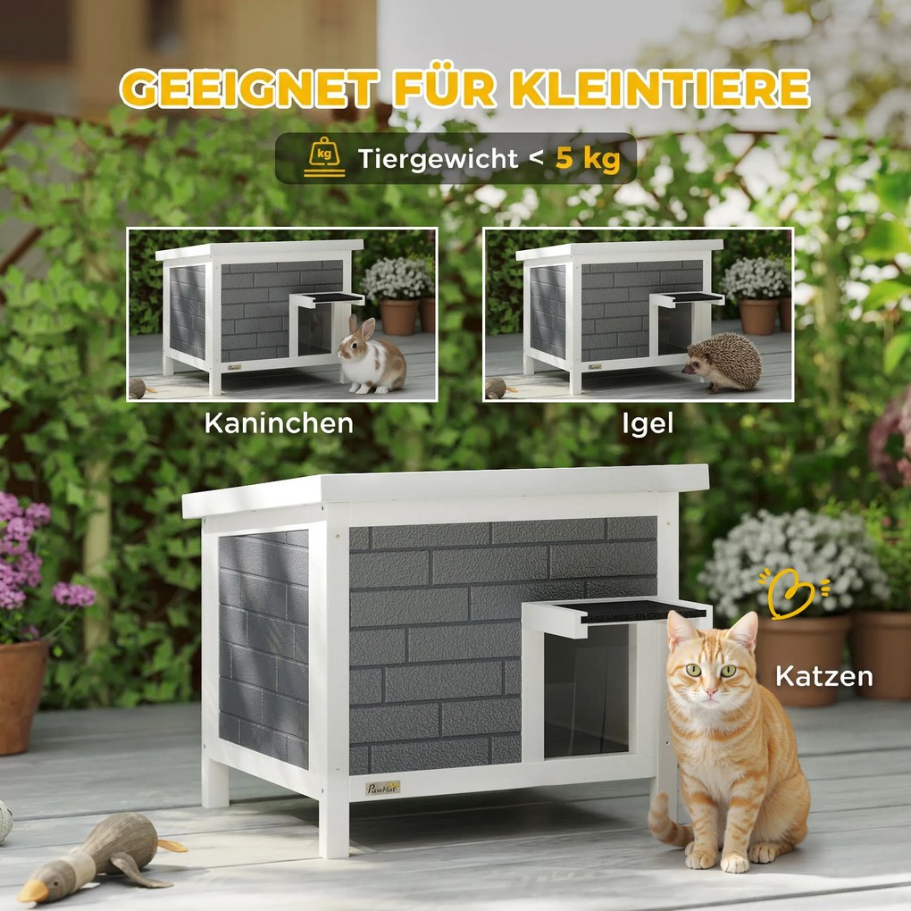 PawHut Domek dla kota Wodoodporny domek drewniany z uchylnym dachem Aluminiowe płyty izolacyjne Dach z asfaltu 61x51x53,5 cm | Aosom PL