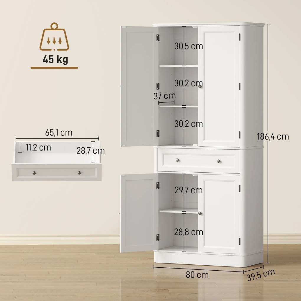 HOMCOM Szafka kuchenna z 4 drzwiami, szufladą i regulowanymi półkami do kuchni, 80 x 39,5 x 186,4 cm biały | Aosom PL