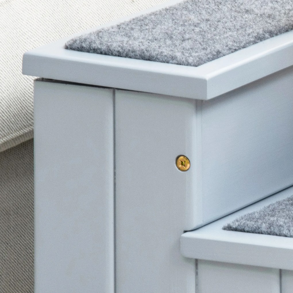 PawHut Schody dla Zwierząt Domowych z Dywanikiem Schowek Drewno Sosnowe Szary 405x445x38 cm | Aosom PL