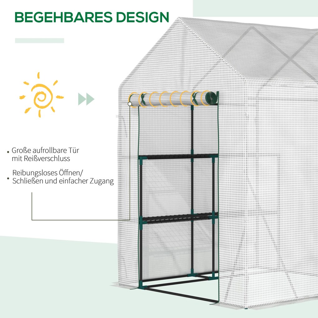 Outsunny Szklarnia Foliowa Inspektowa z Drzwiami na Zamek Błyskawiczny Stal i Tworzywo Sztuczne PE 143x143x195cm Biały | Aosom PL