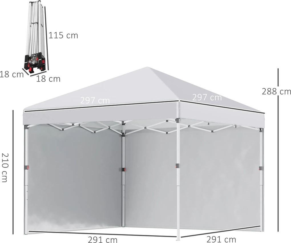 Outsunny Składany Pawilon z 2 Ściankami, Wysokość Regulowana, z Torbą Transportową, Stelaż z Antykorozyjnej Stali, 3x3 m, Biały