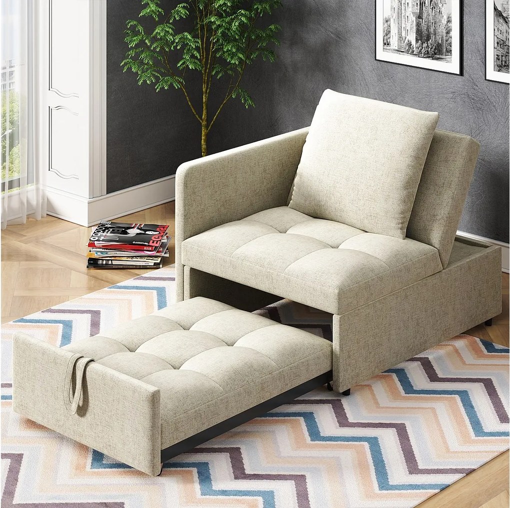 Sofa rozkładana, tapicerowana z regulowanym oparciem, beżowy len - idealna do salonu i sypialni