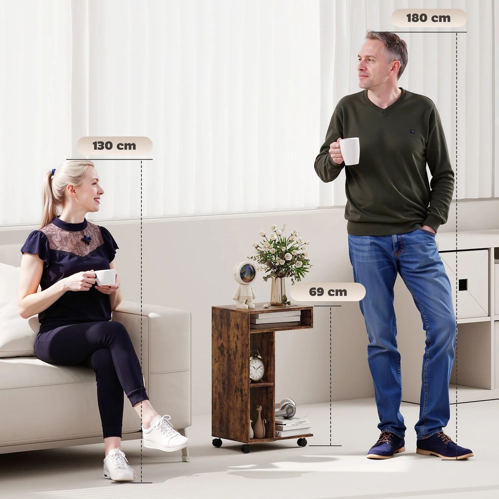 HOMCOM Stolik boczny, wózek serwisowy w kształcie C, 4 kółka, 3 przegródki, 40 x 30 x 69 cm, Rustykalny-brąz