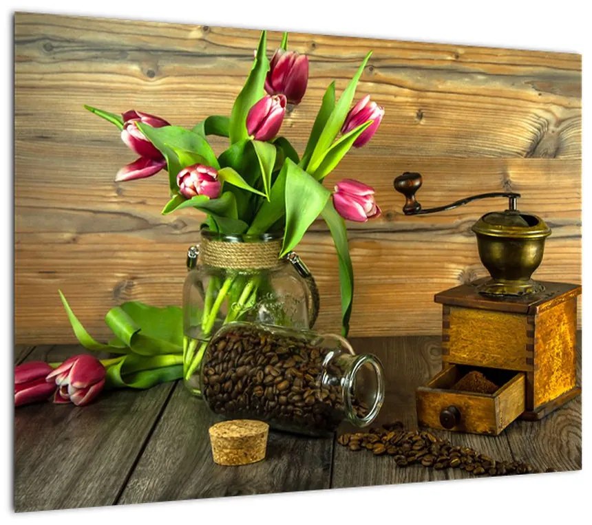 Obraz - tulipany, młynek i kawa (70x50 cm)