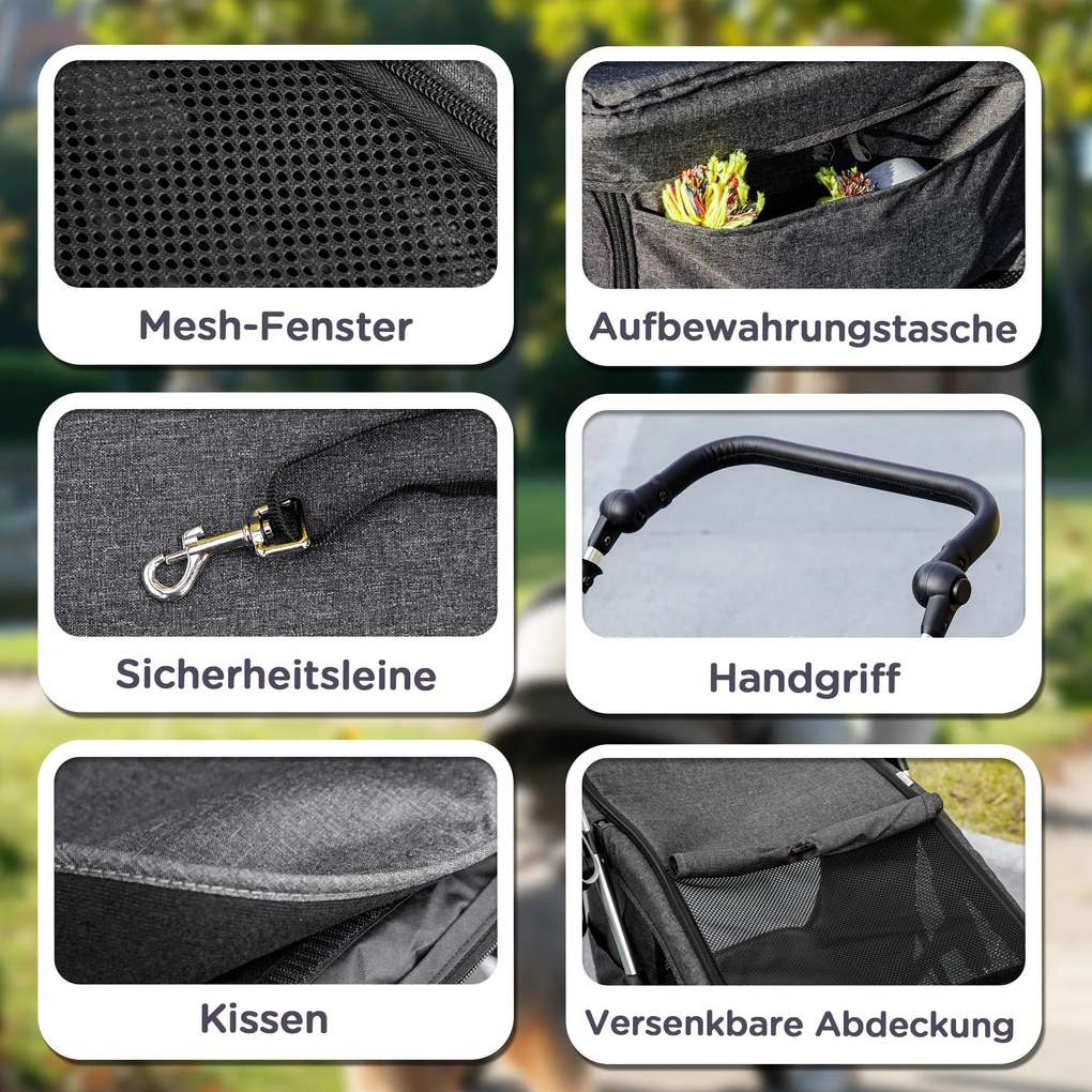 PawHut Wózek dla Psów, Lekki i Składany Transport dla Małych Psów, Zmywalna Poduszka, Okna z Siatki, Szary