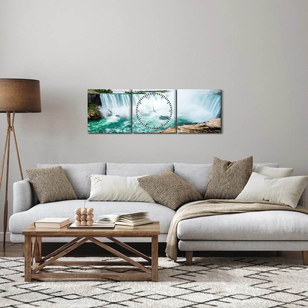 Obraz wodospadów z łodzią (z zegarem) (90x30 cm)