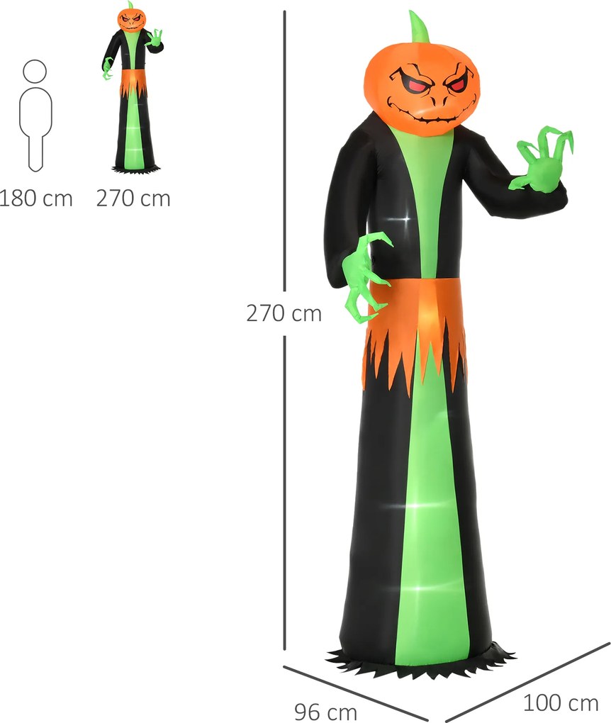 HOMCOM nadmuchiwana dynia dekoracja na Halloween samopompująca duch z oświetleniem LED poliester zielony+czarny 100 x 96 x 270 cm