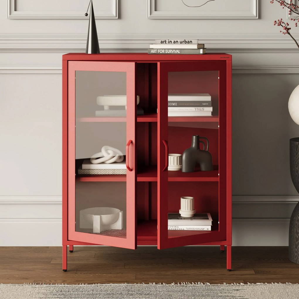 Witryna przeszklona niska czerwona: Modern GINA, 800 x 1015 x 400 mm