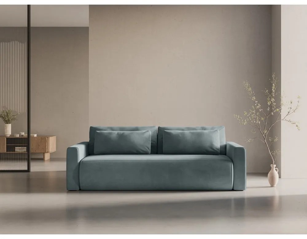 Szaroniebieska aksamitna rozkładana sofa ze schowkiem 238 cm Belfast – Cosmopolitan Design
