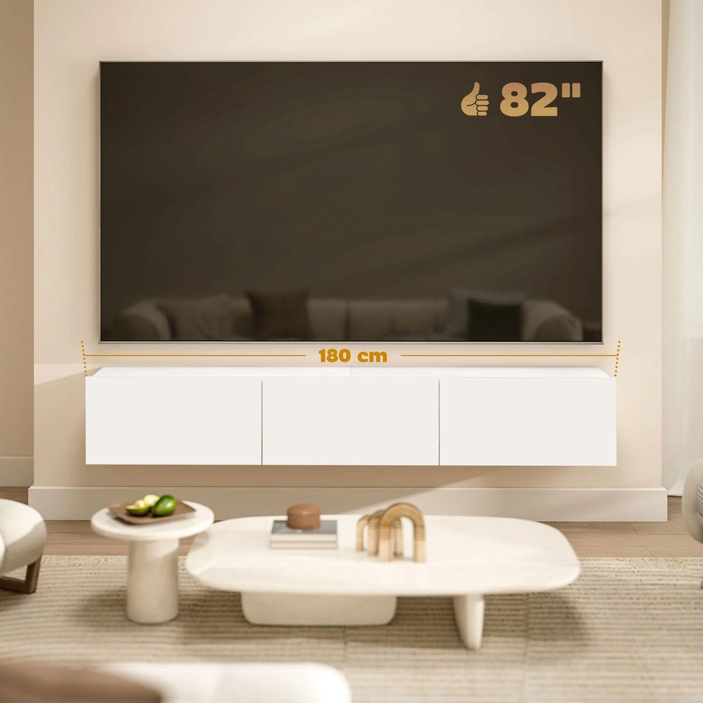 HOMCOM Wisząca szafka RTV, montaż ścienny, 3 klapy, dużo miejsca do przechowywania, 180 cm, płyta wiórowa, Biały