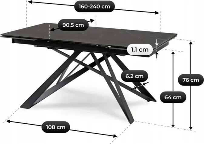 Stół Rozkładany Prostokątny MAXIME 160-240 cm Ceramiczny Czarny Marmur do Jadalni Nowoczesny Loft
