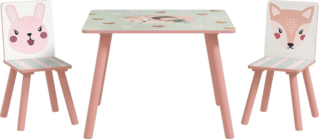 ZONEKIZ Zestaw siedzeń z drewna sosnowego, stolik z 2 krzesełkami, motyw zwierząt, pokój dziecięcy, 3-8 lat, Różowy