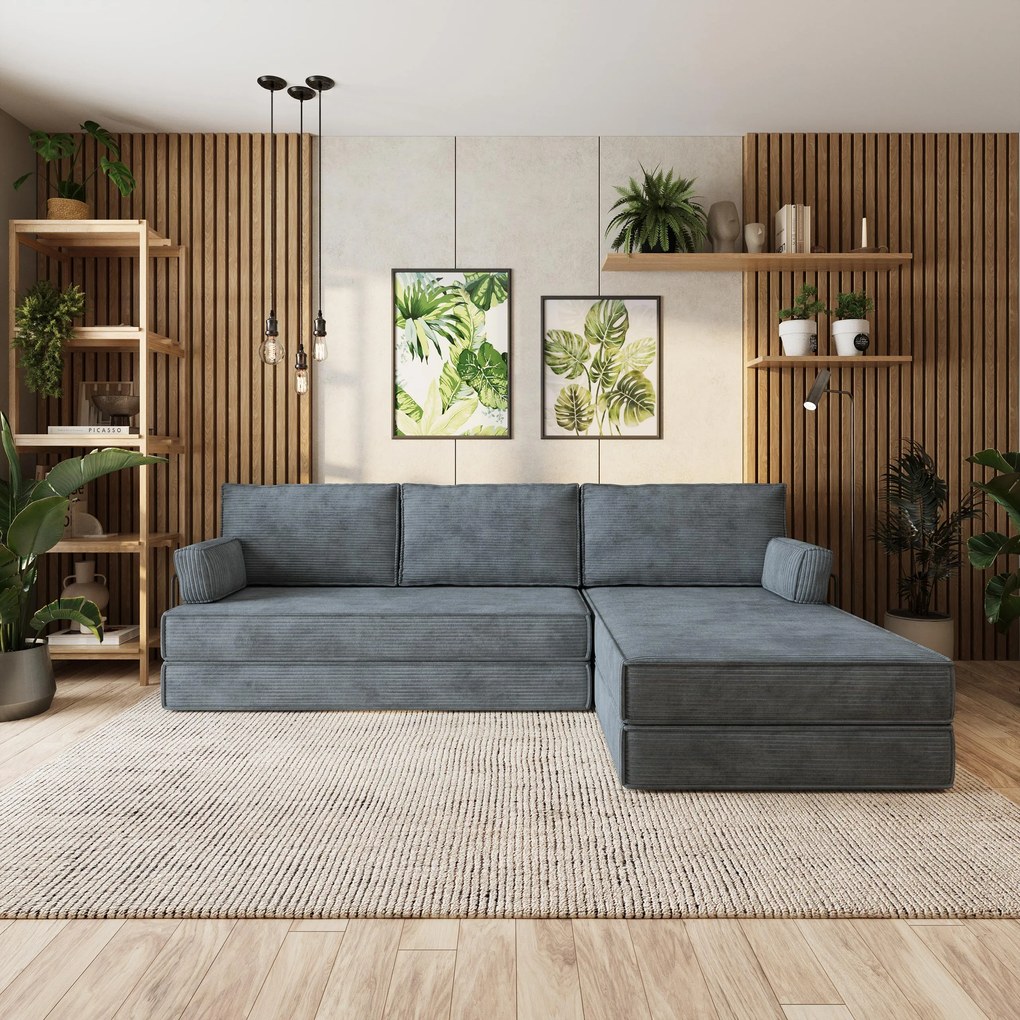 Masseno Narożnik piankowy ANKO z metalowym stelażem, Wygodny, z funkcją spania, Tkanina sztruksowa - Szary, POSO 60