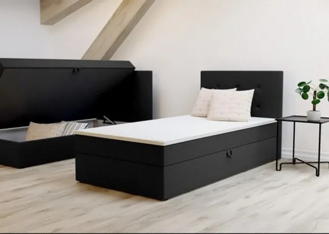 Eleganckie łóżko jednoosobowe Bastian 90cm, tapicerowane czarnym materiałem, posiada wygodny materac i schowek, prawe