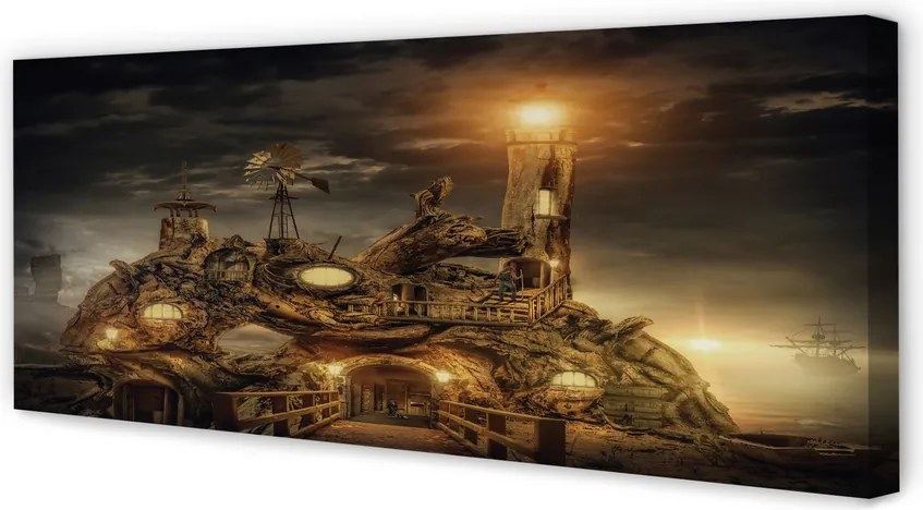 Obraz na płótnie Latarnia Morska i Statek w Chmurach