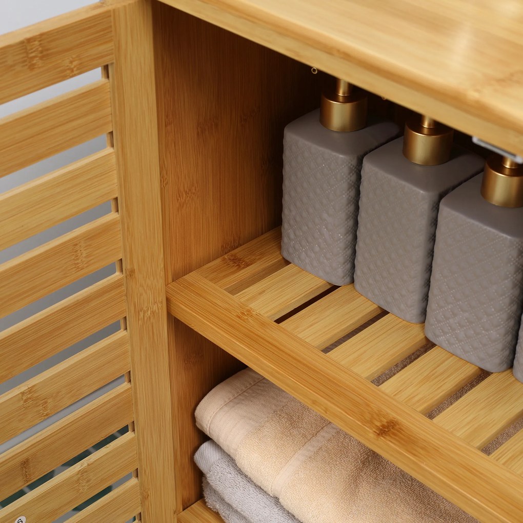 kleankin Szafka łazienkowa, Bambusowy szafek z lamelami do łazienki, korytarza, kompaktowy rozmiar, dużo miejsca do przechowywania, Drewno naturalne