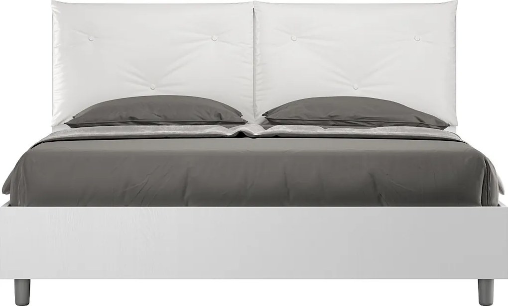 Łóżko podwójne z pojemnikiem na pościel, podnoszone podwójnie, 160x190 cm, drewno jesionowe białe, poduszki z białej skóry ekologicznej, Egos Appia