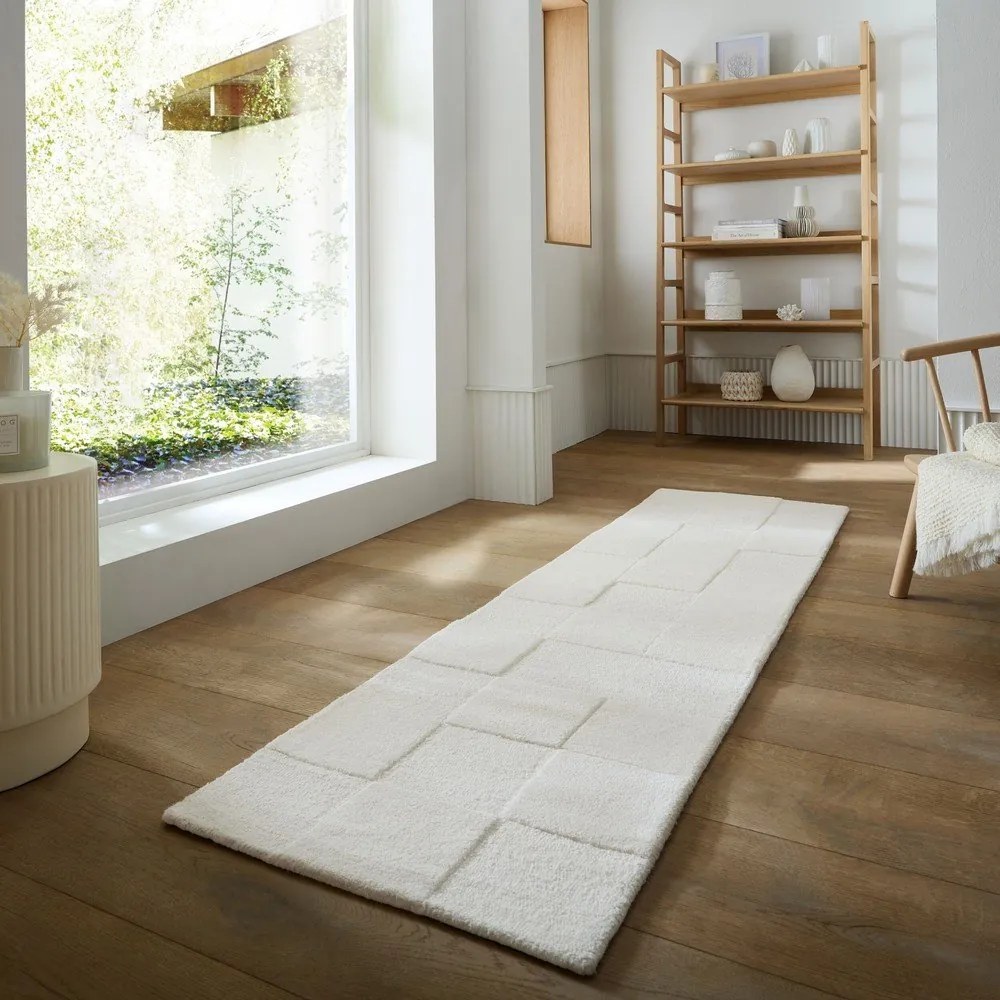 Wełniany chodnik tkany ręcznie w kolorze kości słoniowej 60x230 cm Checkerboard – Flair Rugs