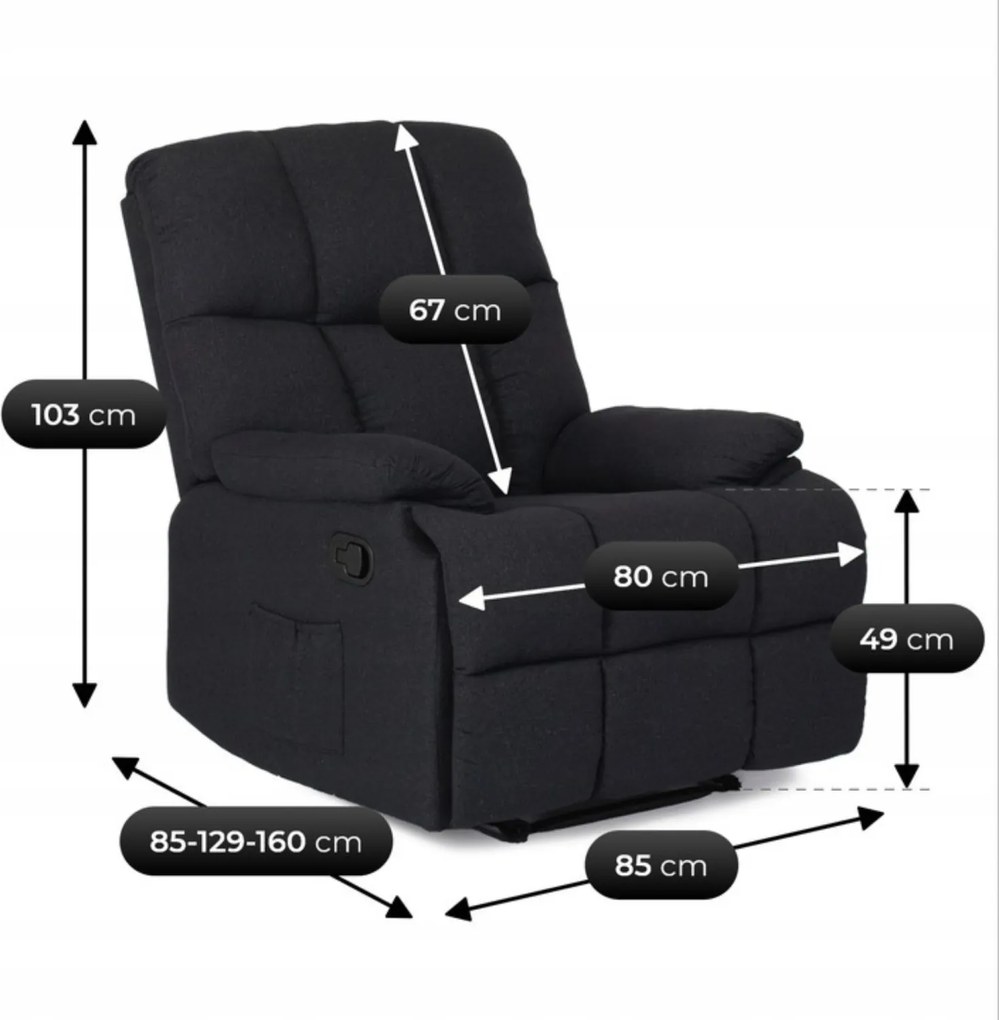 Fotel Rozkładany Wypoczynkowy z Podnóżkiem RIKO Czarny Nowoczesny