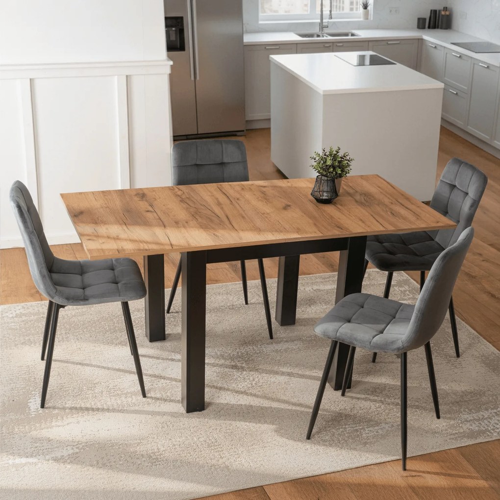 Zestaw Stół Kwadratowy Rozkładany MAX 80-160 cm Dąb Craft/Czarny i 4 Krzesła PERU Szare Welurowe