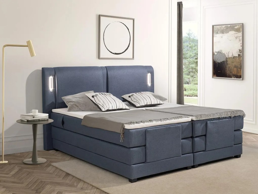 Zestaw boxspring zagłówek łóżka z diodami LED + stelaż relaksacyjny sterowany elektrycznie + materac + nakładka na materac - 2 x 80 x 200 cm - Niebieska tkanina - ASTEMI PALACIO