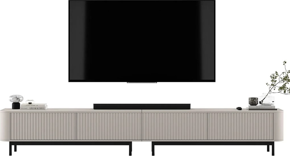 Szafka RTV 4-drzwiowa, fronty ryflowane, kaszmir mat, czarne metalowe nogi, 280 cm - AURORA